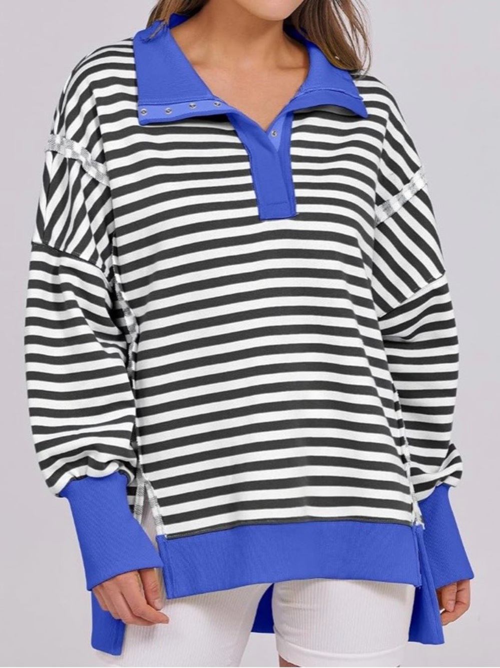 Anrabess Oversized Snap Up Sweatshirt (L) Striped